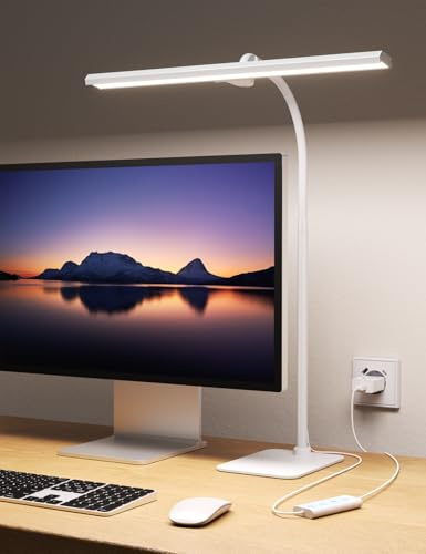 Schreibtischlampe Led Dimmbar mit fuß, 12W Tischlampe für Büro und Lesen | Flexibler Schwanenhals (36-62cm) für große Monitore, Augenschonendes Licht mit 60-Min-Timer, Inklusive USB-Netzteil