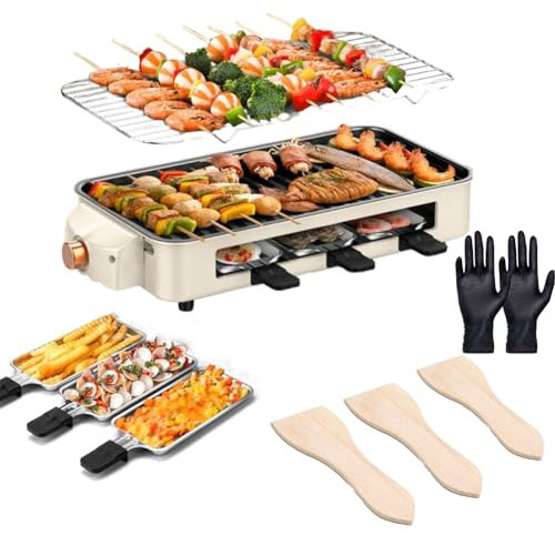 Raclette Grill 1500w, Plancha Eléctrica, Parrilla Interior Eléctrica De Tres Funciones, con Red para Parrilla, 2 Sartenes para Queso, 2 Espátulas De Madera, Guantes, Bandeja para Hornear, Control De