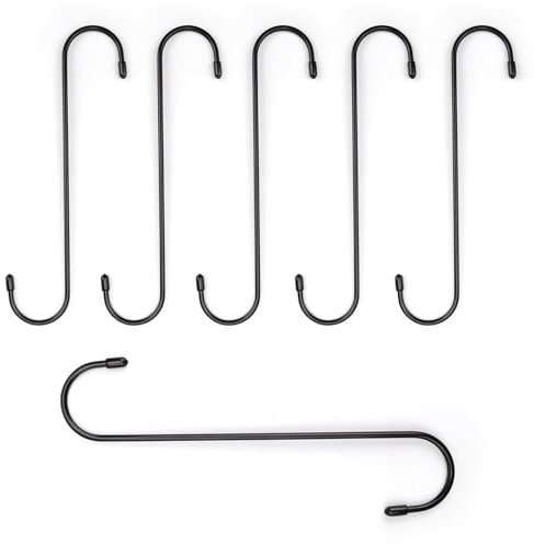 WJUAN 6 Stück S Haken Schwarz, 25 cm Metallhaken, 15 kg Belastbar Haken für Kleiderstange, Multifunktions Haken für Küche, Badezimmer, Schlafzimmer, Büro Aufhängen Pflanzen Blume Korb