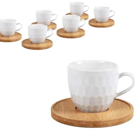 MA MAISON Set 6 Tazzine da Caffè in Ceramica Bianca con Piattino in Legno: Eleganza e Stile per la Tua Pausa Caffè
