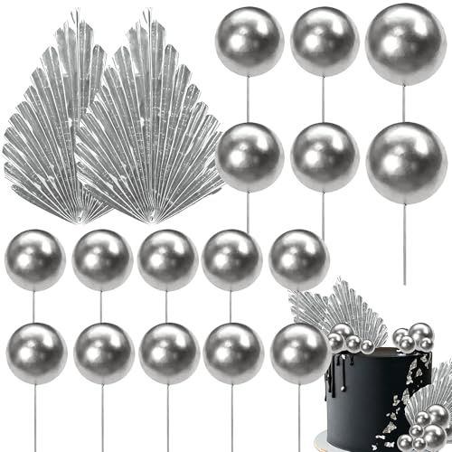 Xsstarmi 30 Pack Silver Paper Palm Fan Cake Topper Silver Balls Cake Pick for Baby Shower Wedding Bridal Shower Birthday Party DIY Party Cake Decorations