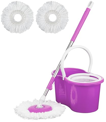 Crystals 360° Spin Floor Mop and Bucket Set - Microfibre With Wringer System - 2 Heads for Home Cleaning - Set for Tile, Wood, and Marble Floors (Purple)