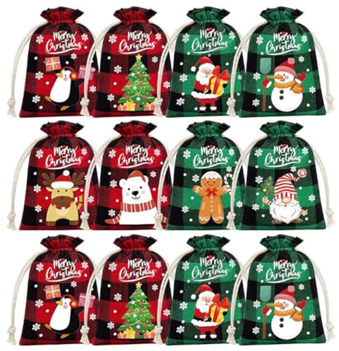 24 Stück Weihnachts Beutel,Stoffbeutel mit Kordelzug Geschenksäckchen Jutebeutel Weihnachts Adventskalender Säckchen Taschen für Süßigkeiten