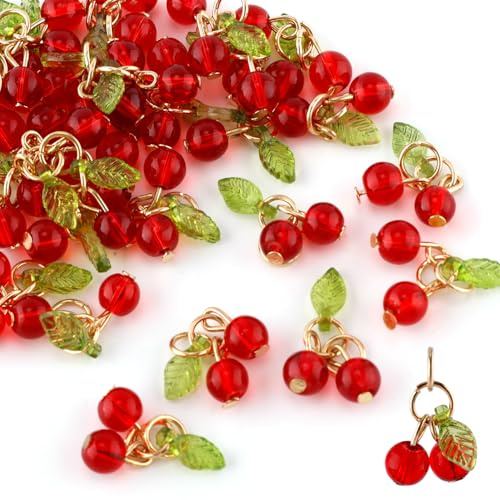 Gosknor 30pcs Red Cherry Charms, Cute Glass Red Fruit Pendants with Loop DIY Jewelry Making Accessories for Bracelet Necklace Earrings