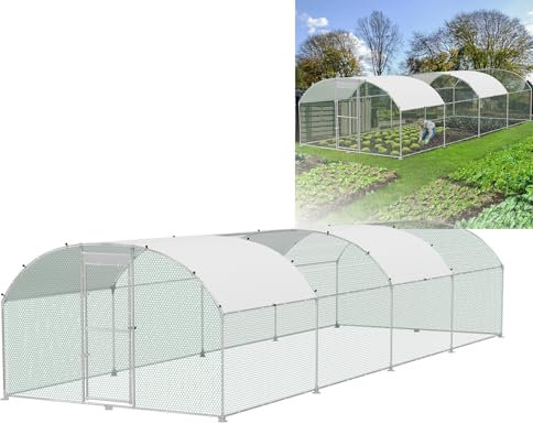 VANCHEMO Kuppeldach Hühnerstall 300x800x200cm Freilaufgehege Käfige Verzinkter Stahl Hühnerhaus Hühnergehege Ställe mit Sonnenschutzdach und Tür, Geflügelstall für Kleintiere und Haustierkäfig