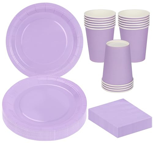 MestectPET 56 Stück Lila Partygeschirr Set, Pappteller Becher Servietten für 16 Gäste, Geschirr Set für Geburtstage Hochzeiten Babypartys Partys und Feiertage Tischdekorationen
