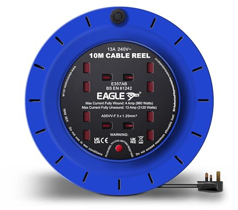 Eagle 4 x UK Socket Extension Reel with Cassette Type Holder, Restable Thermal Safety Cut Out Protection, Easy Hold Handle, Winding Handle, UK Plug. Extending Extension Lead 13 Amps 10m