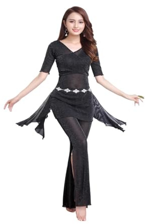 WEQYFDC Bauchtanz Kleid Rüschen Frauen Kostüm Arabische Tanzkleidung Frau Jazz Einfarbig Bauch Leistung Kleidung Anzug Latin Mesh Tänzerin Klassisches Mädchen FüR Frauen Bauchtanz Set(Black,L)