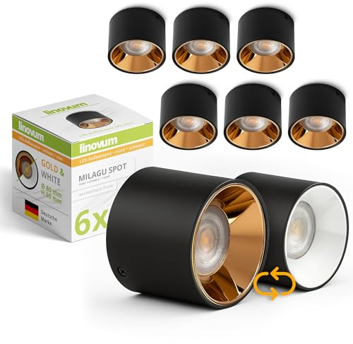 linovum MILAGU LED Aufbauspot schwarz mit goldener Innenblende 230V Aufbaustrahler flach warmweiß Deckenspot Aufbau Ø80x60mm
