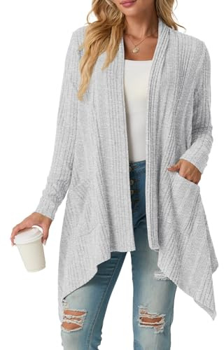 GRECERELLE Strickjacke Damen Lang Langarm Leichte Strick Cardigan Mit Taschen, Weich Fallender Asymmetrischer Saum