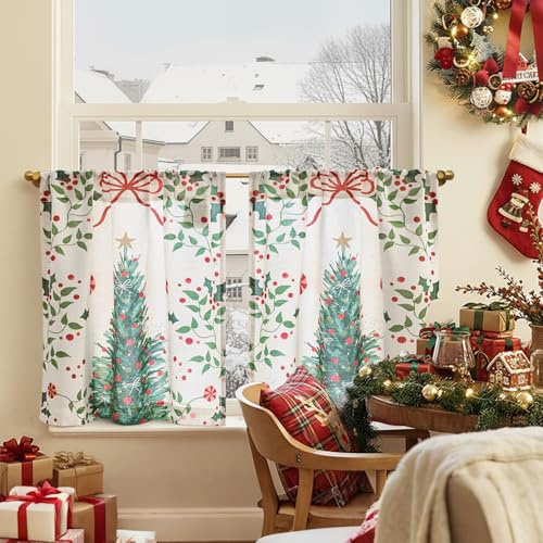 TOPICK Scheibengardinen modern Schlafzimmer Weihnachtsgardinen Bistrogardine 2er Set Scheibengardinen Küche Weihnachtsbaum Küchengardinen Landhausstil, H60xB65 cm Weihnachts Gardinen Wohnzimmer Weiß