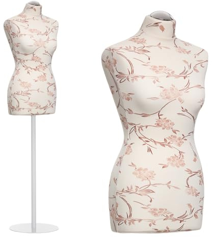 DummyDoll Schneiderpuppe weiblich Größe 32/34, Überzug Creme braune Blumen, Fuß Metallteller weiß + Kappe