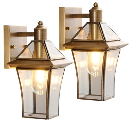 Hemali - Wasserdichte Wandlaternen aus Messing (2er-Pack) – E26-Fassung & Glasschirm Außenwandleuchter, modern, rostfrei, für Haustür, Veranda, Terrasse und