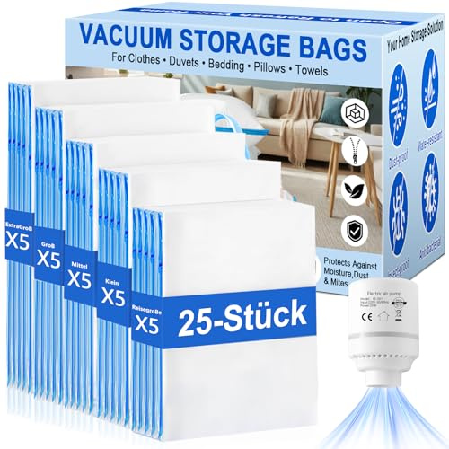 iPalamila Vakuumbeutel für Kleidung & Bettdecken – 25 Stück Set mit Elektrischer Luftpumpe, inkl. 5 Reise Handrollbeutel (40×50cm), 25 Vacuum Bags for Clothing, für Kleidung Reise, Decken & Kissen