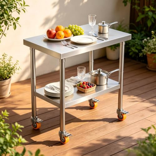 YRHome 4 Räder Edelstahl Arbeitstisch Küche Höhenverstellbar Mobile Doppelschicht Werkbank Grillwagen BIS 300KG Edelstahltisch Für Restaurant Schule Campingparty - M - 85x 76x 46cm (LxBxH)
