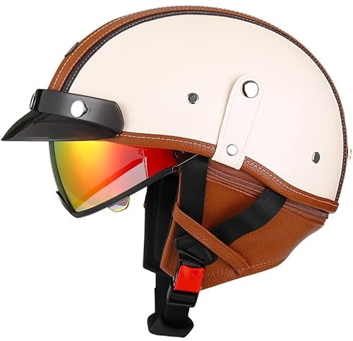 Casco Moto retrò Vintage Pelle Casco Cromwell Scodella Semi Integrale Caschi jet e demi-jet in ABS Certificato ECEDOT per Motocicletta Scooter e Bici Elettrica per Uomo e Donna Q,XXL=63~64cm