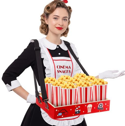 Movie Night Trays with Strap 15 x 10 x 3 Inch Wooden Snack Tray Party Wearable Serving Trays Usherette Popcorn Drink Beverage Carrier for Carnival Circus Prop Costume Supplies(Party Style)
