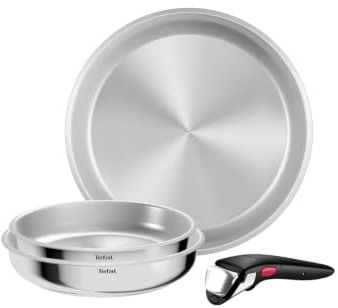 Tefal Ingenio Comfort Max - Juego de 3 Sartenes, Sin antiadherente | 3 Sartenes 22/24/28 cm, Mango extraíble, Sin antiadherente, Acero inoxidable, Apilable, Apto Inducción