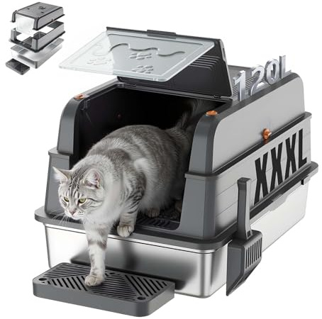JUMMICO Lettiera Acciaio Inox XXXL, 120L Lettiera Gatto Acciaio Inox, 3-In-1 (Aperta/Semichiusa/Chiusa) Con Sportello A 150°, Antigraffio E Antiperdita, Con Pedana Anti-Sabbia, Facile Da Pulire