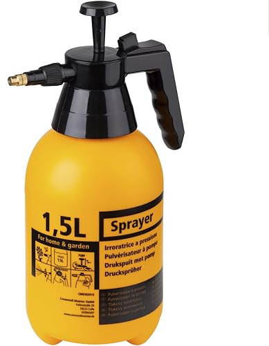Connex Drucksprüher – gelb & schwarz – 1,5 L Füllmenge | Verstellbare Messing-Düse – Mit Schalter zum Sperren und für Dauerstrahl – Handdrucksprüher – Drucksprühgerät – Pumpsprüher