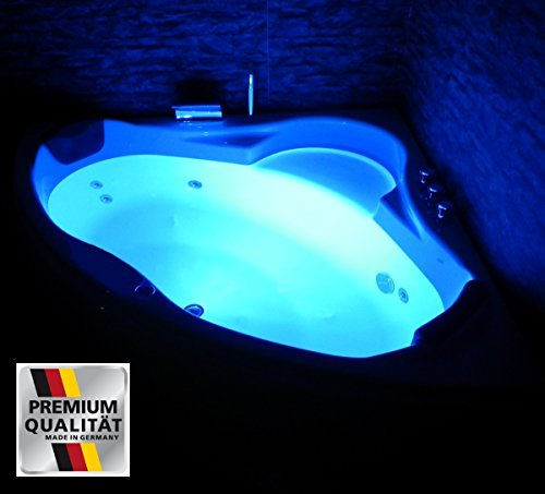 Supply24 since 2004 Whirlpool Badewanne Paris – Made in Germany – Eckmontage (130x130 cm) – 8 Massagedüsen & LED Farblichttherapie – ohne Armaturen – Eckwanne für 2 Personen