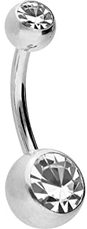 PIERCINGLINE Bauchnabelpiercing Chirurgenstahl 2 Kristallen Bananabell Piercing Silberfarben Kristallklar 10 mm