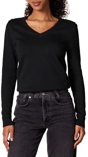 Amazon Essentials Suéter de Manga Larga con Cuello en V para Mujer, 100% algodón, Negro, Talla M