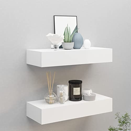 Tidyard 2 STK. Wand Schubladenregal, Wandregal mit Schublade, Wandschublade Schweberegal Hängeregal Wandschrank Wandboard MDF Weiß 60x23,5x10 cm
