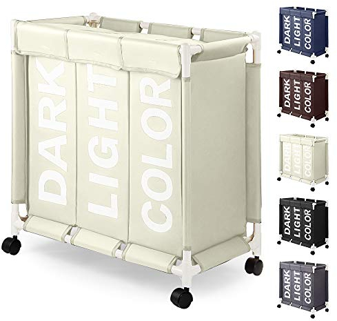 Rieeyrslza Wäschesortierer auf Rollen 90L Wäschekörbe 3 Fächer Wäschekorb aus Oxford-Stoff Mit Deckel Abnehmbarer Wäschekorb Mit Rädern Effiziente Sortierung und Lagerung (Beige o2)
