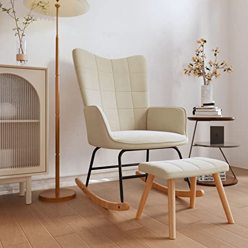 Susany Schaukelstuhl mit Hocker Relaxstuhl Schwingsessel Esszimmerstuhl Schwingstuhl Polsterstuhl Schaukelsessel Relaxsessel Armlehnenstuhl Sessel für Wohnzimmer/Schlafzimmer/Kinderzimmer, Stoff Creme