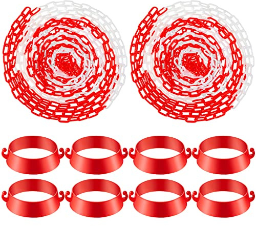 64 Feet Plastic Traffic Chain Cone Chain Safety Barriers Link with 12 Pieces Traffic Cones Connector Kits for Parking Barrier Poles Constructions Home Road Driveway Parking Use, Red White