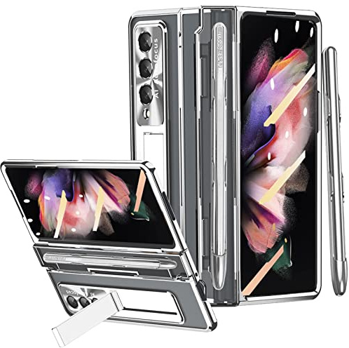Miimall Handyhülle Kompatibel mit Samsung Galaxy Z Fold 3 Hülle mit S Pen, Transparent PC Schutzhülle mit Stift Halter + Displayschutzfolie + Ständer Hülle für Samsung Galaxy Z Fold 3 5G Silber