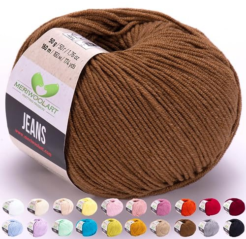 MeriWoolArt® Braun Baumwollgarn zum Stricken und Häkeln, Textilgarn, Stoffgarn, Baby Wollgarn für Handarbeiten, Babykleidung, Amigurumi, Babydecke, Pullover, Mützen und Accessoires