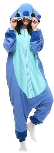 LABULA Unisexe Adulte Grenouillère Anime Cosplay Costume Onesie Jumpsuit Pyjama à Capuche,Stitch-Bleu,L