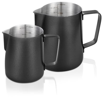 2 Pack Matte Black Milk Frothing Pitcher, 12oz/350ml & 20oz/600ml Espresso Steaming Pitcher, Stainless Steel Milk Frother Steamer Cup, Perfect for Espresso Coffee Cappuccino Latte Art