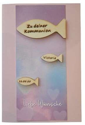 Karte zur Kommunion, Kommunionskarte, rosa, personalisiert, Fische, Name und Datum personalisieren