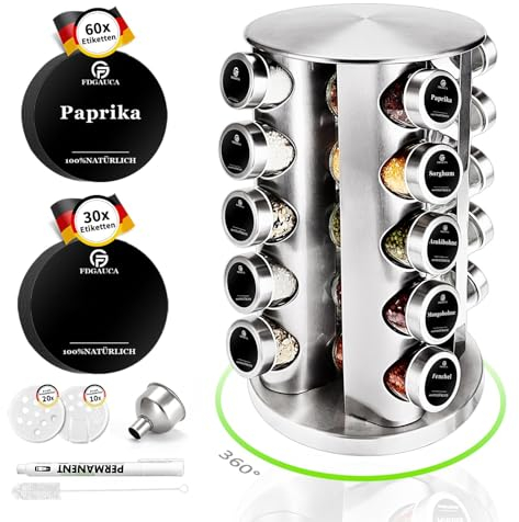 SAEIV 360° Rotation Gewürzregal Stehend | Gewürze drehteller organizer | 20 100ml-Gewürzgläser | Fünflagig Gewürzregale Drehbar | Deutsch Gewürzetiketten | Küche Regal | gewürze aufbewahrung