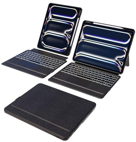 Doohoeek Hülle mit Tastatur für iPad Pro 13 Zoll (M4) 2024, Bluetooth abnehmbar QWERTZ Keyboard Folio mit Verstellbar Ständer, Multi-Touch Trackpad, 7-Farbige Hintergrundbeleuchtung
