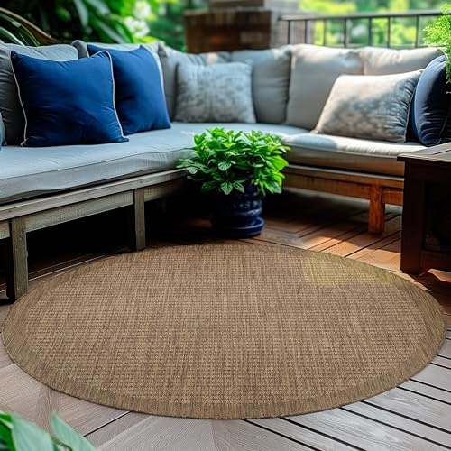 HomebyHome Alfombra Exterior Interior 120 cm Redonda Marrón Resistente a la Intemperie, Impermeable - Alfombra de Cocina de Tejido Plano, Unicolor - Alfombras Exterior para Terraza, Balcón y Jardín