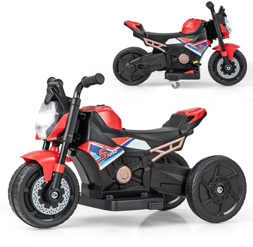 COSTWAY Elektro Motorrad Kinder, Elektromotorrad mit abnehmbaren Stützrädern & Scheinwerfer & Musik & Hupe, 2-3 km/h Motorrad Elektro für Kinder von 18-36 Monaten (Rot)