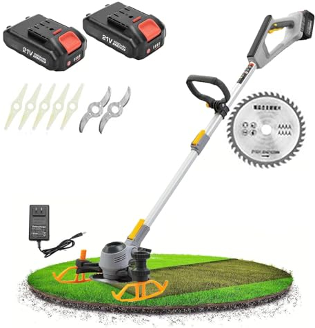 Dfdieratve Cordless Tagliaerba Elettrico Ricaricabile 3 in 1, Tagliaerba/Molabordi/Tfalciatrice/Decespugliatore, con Testa Regolabile a 90°, Asta Telescopica e 3 Tipi di Lame di Taglio