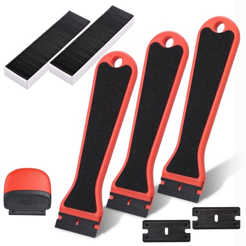 4 Pcs Raschietto Plastica con 200 Lame di Plastica, 3 Manico Lungo, Raschietto Set, per Piano Induzione, Cucina, Piastrelle e Auto, Rimuove Adesivi, Etichette Adesive di Carta, Piano Cottura e Forno