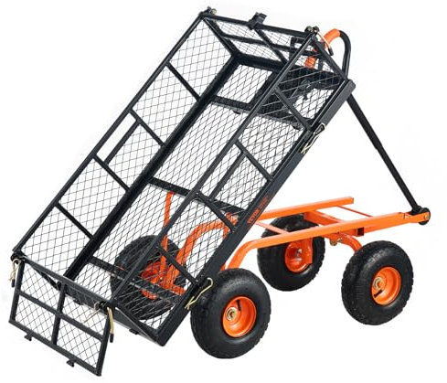 VEVOR Chariot de jardin en acier de 181,4 kg, chariot de jardin robuste avec côtés amovibles, convertit en lit plat, doublure utilitaire, roues tout terrain de 25,4 cm