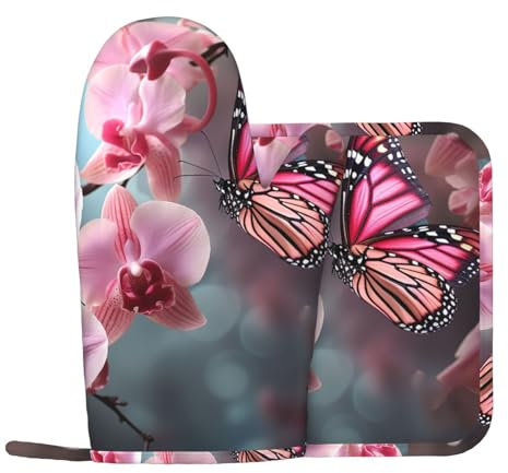 Lot de 2 maniques et maniques en silicone antidérapant et résistant à la chaleur Motif orchidée et papillon