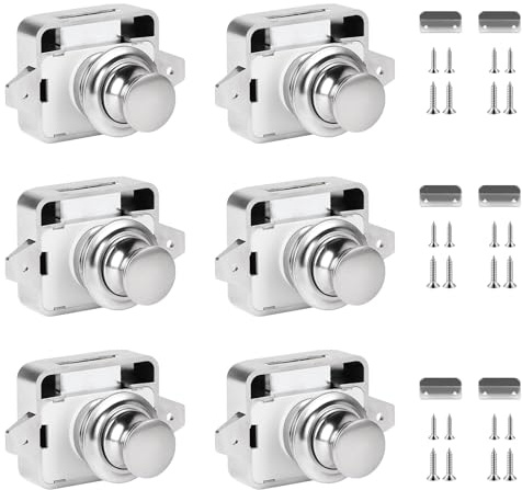 SUPAWAY 6 Pièces Loquet à bouton poussoir Poussoirs camping car Bouton poussoir loquet sans clé Serrure de porte meuble fermoir pour porte de caravane,van,yacht drawer cabinet,placard,tiroir (Nickel)