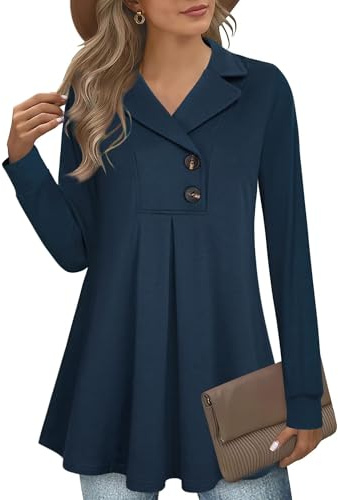 GUUKA Tunique trapèze décontractée à manches longues et col en V pour femme - Pull ample plissé à boutons - Pull long pour femme (bleu foncé, L), 0 Bleu foncé, L