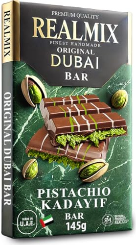 REALMIX Chocolate con Leche Dubái directamente desde Dubái EAU | Auténtico chocolate con leche Dubái con pistachos y relleno de Kunafa | Fabricado en Dubái E.A.U. | (Big, Milk Chocolate)