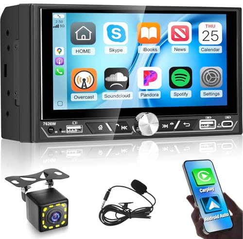Techschermo Double Din Car Radio with Wireless Carplay and Android Auto - 6.8 Inch Touch Screen Bluetooth Car Stereo - EQ Audio/AM/FM/RDS Radio/Mirror Link/SWC/USB + 12leds Backup Camera