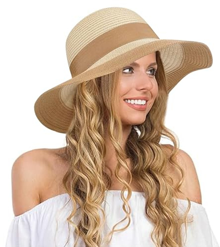 BelleVive strandhattar, solhatt av halm med brett brätte för kvinnor, SPF 50+ UV solskydd, solhatt för kvinnor, slapphatt, vikbar, upprullbar, hatt med brett brätte, khaki