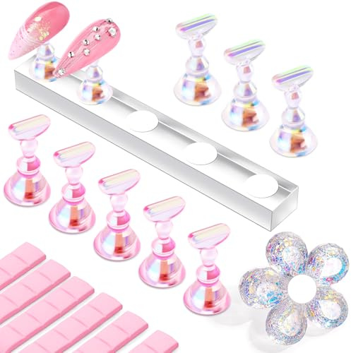 MAKARTT Support Faux Ongles – Support Press on Nails Kit, Magnétique Transparent et Rose, Présentoir pour Ongles et Nail Art